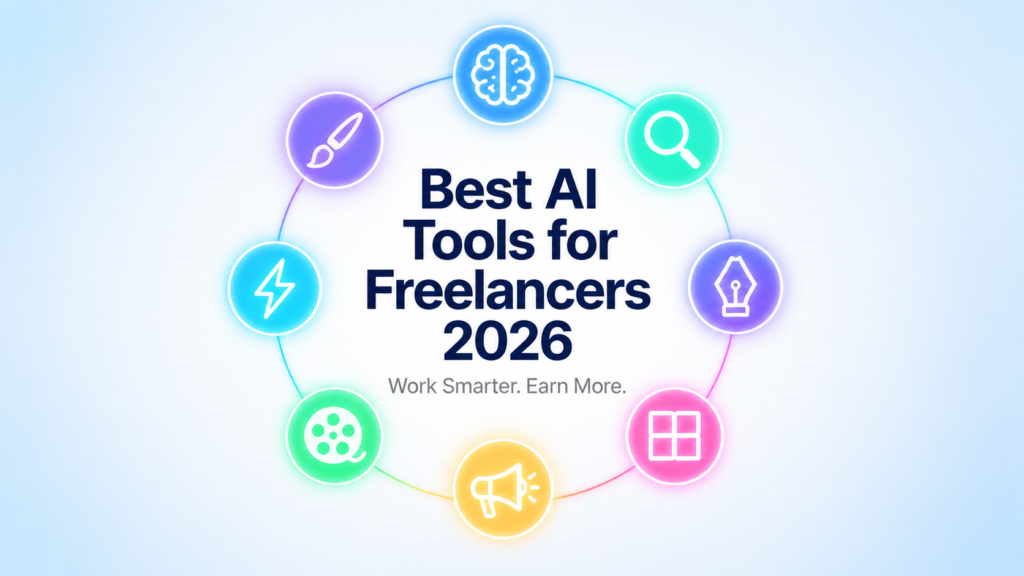 Clean futuristic AI tools poster featuring glowing icons for brainstorming, AI search, writing, design, marketing, video editing, automation, and creativity arranged in a circular layout around the headline “Best AI Tools for Freelancers 2026” with a modern light-tech aesthetic.