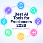 Clean futuristic AI tools poster featuring glowing icons for brainstorming, AI search, writing, design, marketing, video editing, automation, and creativity arranged in a circular layout around the headline “Best AI Tools for Freelancers 2026” with a modern light-tech aesthetic.