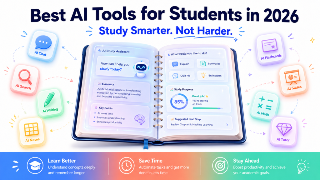 A bright modern education poster with a glowing open notebook in the center surrounded by colorful floating AI tool icons including chat, search, writing, notes, flashcards, slides, math, and tutoring symbols. Large dark navy text at the top reads “Best AI Tools for Students in 2026” with the subtitle “Study Smarter. Not Harder.” in electric blue. The design uses soft pastel colors, warm lighting, and a wide 16:9 layout with a colorful gradient strip along the bottom.