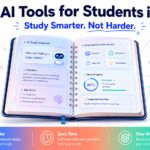 A bright modern education poster with a glowing open notebook in the center surrounded by colorful floating AI tool icons including chat, search, writing, notes, flashcards, slides, math, and tutoring symbols. Large dark navy text at the top reads “Best AI Tools for Students in 2026” with the subtitle “Study Smarter. Not Harder.” in electric blue. The design uses soft pastel colors, warm lighting, and a wide 16:9 layout with a colorful gradient strip along the bottom.