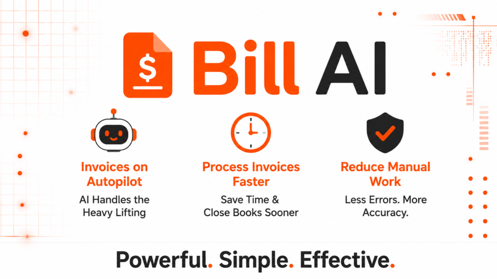 Modern promotional banner for Bill AI featuring a clean white tech background with orange and dark charcoal accents. The word “Bill” is styled in bright orange while “AI” appears in dark charcoal. Three sections highlight key benefits with icons: “Invoices on Autopilot,” “Process Invoices Faster,” and “Reduce Manual Work.” The design has a futuristic business-tech aesthetic with subtle grid lines and digital UI elements.