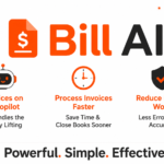Modern promotional banner for Bill AI featuring a clean white tech background with orange and dark charcoal accents. The word “Bill” is styled in bright orange while “AI” appears in dark charcoal. Three sections highlight key benefits with icons: “Invoices on Autopilot,” “Process Invoices Faster,” and “Reduce Manual Work.” The design has a futuristic business-tech aesthetic with subtle grid lines and digital UI elements.