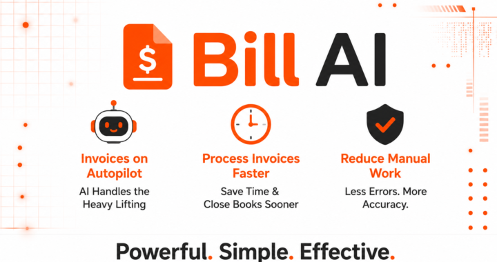 Modern promotional banner for Bill AI featuring a clean white tech background with orange and dark charcoal accents. The word “Bill” is styled in bright orange while “AI” appears in dark charcoal. Three sections highlight key benefits with icons: “Invoices on Autopilot,” “Process Invoices Faster,” and “Reduce Manual Work.” The design has a futuristic business-tech aesthetic with subtle grid lines and digital UI elements.