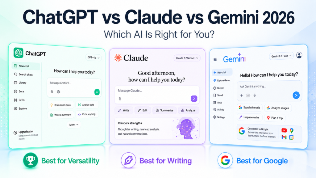 Three glowing AI interface screens side by side on a light futuristic background. The left screen shows ChatGPT in green and blue neon tones labeled “Best for Versatility.” The center screen shows Claude in purple and white labeled “Best for Writing.” The right screen shows Gemini in blue multicolor tones labeled “Best for Google.” Large bold text above reads “ChatGPT vs Claude vs Gemini 2026”