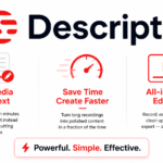 Clean white and red Descript infographic showing how audio and video are edited as text, with features like fast editing, all-in-one workflow, and time-saving automation