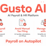 Modern promotional banner for Gusto AI showing payroll automation, tax filing, and employee benefits management with a clean light-tech background and the slogan “Payroll on Autopilot”