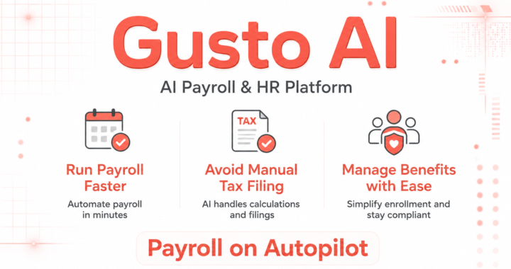 Modern promotional banner for Gusto AI showing payroll automation, tax filing, and employee benefits management with a clean light-tech background and the slogan “Payroll on Autopilot”