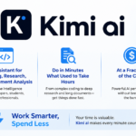 Modern Kimi AI promotional graphic with a clean white and blue tech-style background, showcasing AI tools for coding, research, and document analysis with the slogan “Work Smarter, Spend Less.”