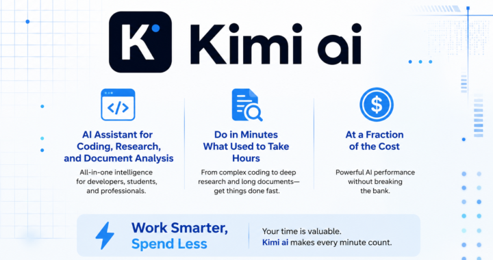 Modern Kimi AI promotional graphic with a clean white and blue tech-style background, showcasing AI tools for coding, research, and document analysis with the slogan “Work Smarter, Spend Less.”