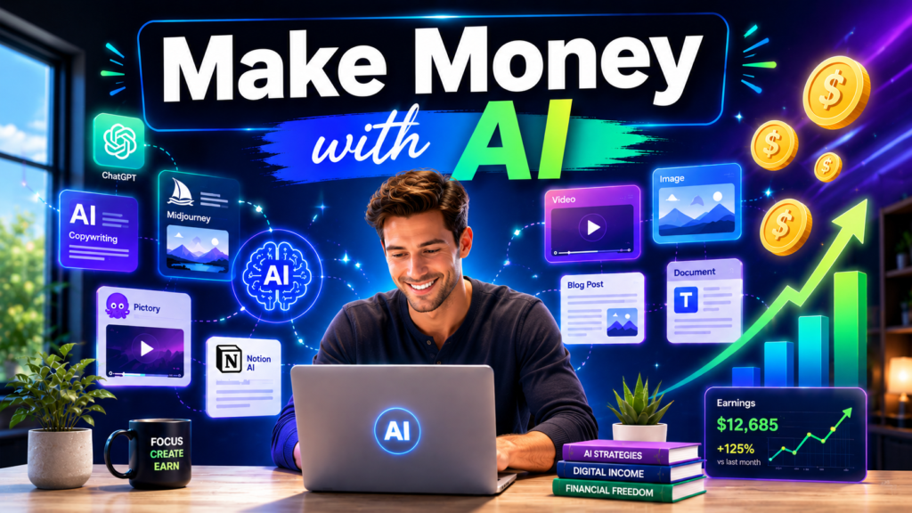 Modern digital illustration of a person working on a laptop at a clean desk, surrounded by floating AI tool icons, dollar signs, rising graphs, and digital content elements like videos, images, and documents. Bright blue, purple, and green futuristic color palette with “Make Money with AI” text at the top in a professional 16:9 blog cover design.