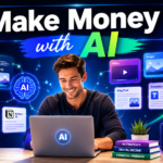 Modern digital illustration of a person working on a laptop at a clean desk, surrounded by floating AI tool icons, dollar signs, rising graphs, and digital content elements like videos, images, and documents. Bright blue, purple, and green futuristic color palette with “Make Money with AI” text at the top in a professional 16:9 blog cover design.