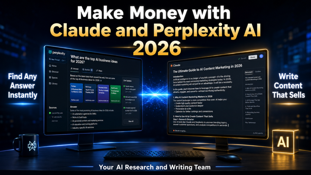 Two futuristic glowing monitors on a sleek black desk displaying Perplexity AI search results and a Claude AI writing interface connected by a bright electric blue energy beam. Large headline reads “Make Money with Claude and Perplexity AI 2026” with neon blue and gold lighting on a dark cinematic background in a photorealistic 16:9 advertisement style.