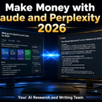 Two futuristic glowing monitors on a sleek black desk displaying Perplexity AI search results and a Claude AI writing interface connected by a bright electric blue energy beam. Large headline reads “Make Money with Claude and Perplexity AI 2026” with neon blue and gold lighting on a dark cinematic background in a photorealistic 16:9 advertisement style.