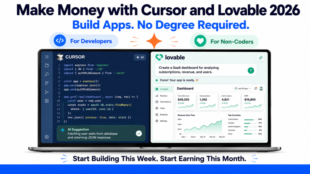 Modern tech marketing poster on a bright white background featuring the headline "Make Money with Cursor and Lovable 2026" and the subheading "Build Apps. No Degree Required." A large laptop in the center displays two side-by-side panels: Cursor with AI-assisted coding on the left and Lovable with instant web app generation on the right. Blue and green badges above the laptop highlight "For Developers" and "For Non-Coders." A bold call-to-action at the bottom reads "Start Building This Week. Start Earning This Month." A solid blue footer bar spans the full width, creating a clean and professional startup-focused design.