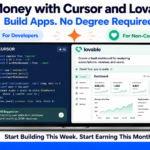 Modern tech marketing poster on a bright white background featuring the headline "Make Money with Cursor and Lovable 2026" and the subheading "Build Apps. No Degree Required." A large laptop in the center displays two side-by-side panels: Cursor with AI-assisted coding on the left and Lovable with instant web app generation on the right. Blue and green badges above the laptop highlight "For Developers" and "For Non-Coders." A bold call-to-action at the bottom reads "Start Building This Week. Start Earning This Month." A solid blue footer bar spans the full width, creating a clean and professional startup-focused design.