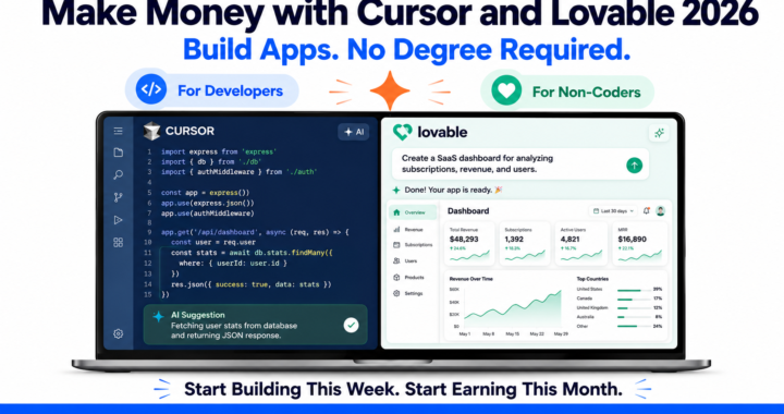 Modern tech marketing poster on a bright white background featuring the headline "Make Money with Cursor and Lovable 2026" and the subheading "Build Apps. No Degree Required." A large laptop in the center displays two side-by-side panels: Cursor with AI-assisted coding on the left and Lovable with instant web app generation on the right. Blue and green badges above the laptop highlight "For Developers" and "For Non-Coders." A bold call-to-action at the bottom reads "Start Building This Week. Start Earning This Month." A solid blue footer bar spans the full width, creating a clean and professional startup-focused design.