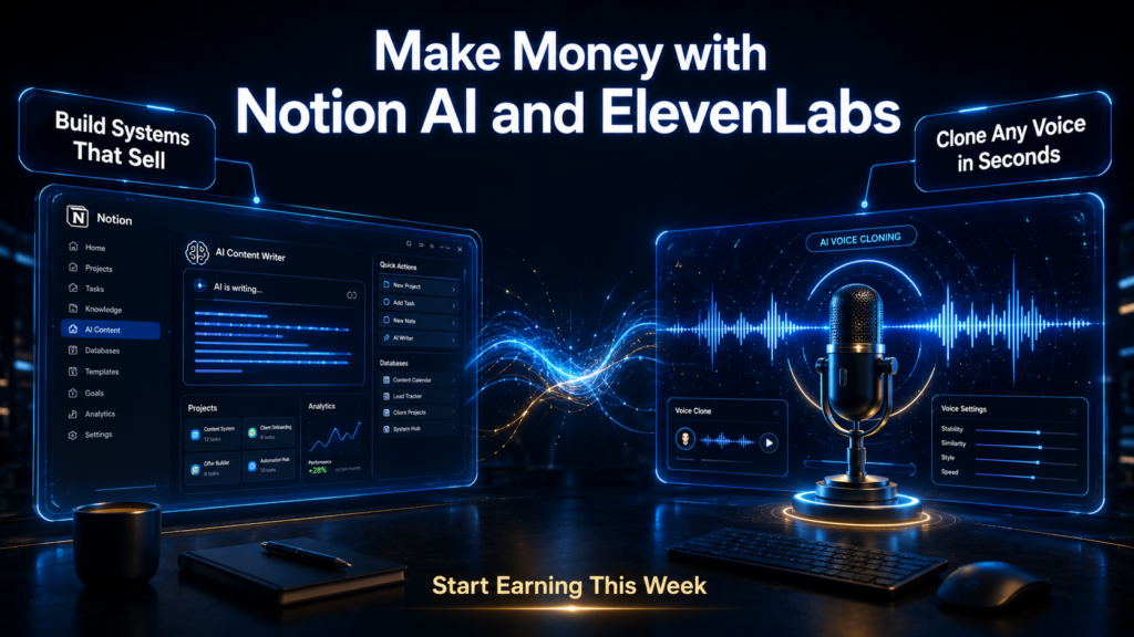 Futuristic dark workspace featuring a glowing Notion AI dashboard on the left and an AI voice cloning interface with audio waveform and microphone on the right, connected by electric blue energy effects with cinematic neon lighting.