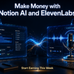 Futuristic dark workspace featuring a glowing Notion AI dashboard on the left and an AI voice cloning interface with audio waveform and microphone on the right, connected by electric blue energy effects with cinematic neon lighting.