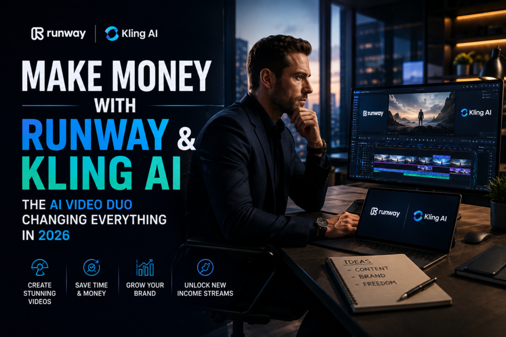 Cinematic split-screen banner showing a neon cyberpunk city with a creator walking at night beside a modern AI video editing workspace featuring Runway and Kling AI on a laptop screen, representing AI video business opportunities in 2026.