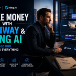 Cinematic split-screen banner showing a neon cyberpunk city with a creator walking at night beside a modern AI video editing workspace featuring Runway and Kling AI on a laptop screen, representing AI video business opportunities in 2026.