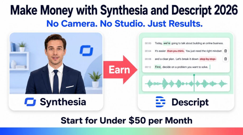 Bright white 16:9 promotional poster featuring the headline “Make Money with Synthesia and Descript 2026” and the subtitle “No Camera. No Studio. Just Results.” In the center, two large rounded cards are displayed side by side. The left card showcases an AI video presenter labeled Synthesia on a light blue background, while the right card shows a video transcript editor with waveform graphics labeled Descript on a mint green background. A coral arrow labeled “Earn” points from Synthesia to Descript. At the bottom, bold text reads “Start for Under $50 per Month,” with a colorful blue, mint, and coral gradient footer strip spanning the width. Clean modern tech design with soft shadows and professional colors.