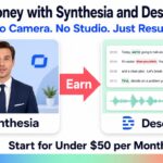 Bright white 16:9 promotional poster featuring the headline “Make Money with Synthesia and Descript 2026” and the subtitle “No Camera. No Studio. Just Results.” In the center, two large rounded cards are displayed side by side. The left card showcases an AI video presenter labeled Synthesia on a light blue background, while the right card shows a video transcript editor with waveform graphics labeled Descript on a mint green background. A coral arrow labeled “Earn” points from Synthesia to Descript. At the bottom, bold text reads “Start for Under $50 per Month,” with a colorful blue, mint, and coral gradient footer strip spanning the width. Clean modern tech design with soft shadows and professional colors.