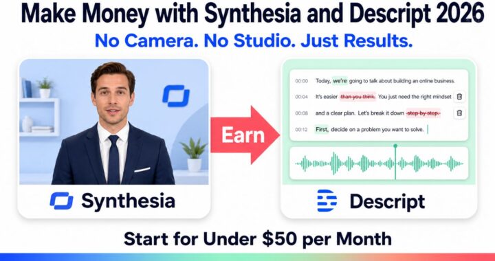 Bright white 16:9 promotional poster featuring the headline “Make Money with Synthesia and Descript 2026” and the subtitle “No Camera. No Studio. Just Results.” In the center, two large rounded cards are displayed side by side. The left card showcases an AI video presenter labeled Synthesia on a light blue background, while the right card shows a video transcript editor with waveform graphics labeled Descript on a mint green background. A coral arrow labeled “Earn” points from Synthesia to Descript. At the bottom, bold text reads “Start for Under $50 per Month,” with a colorful blue, mint, and coral gradient footer strip spanning the width. Clean modern tech design with soft shadows and professional colors.