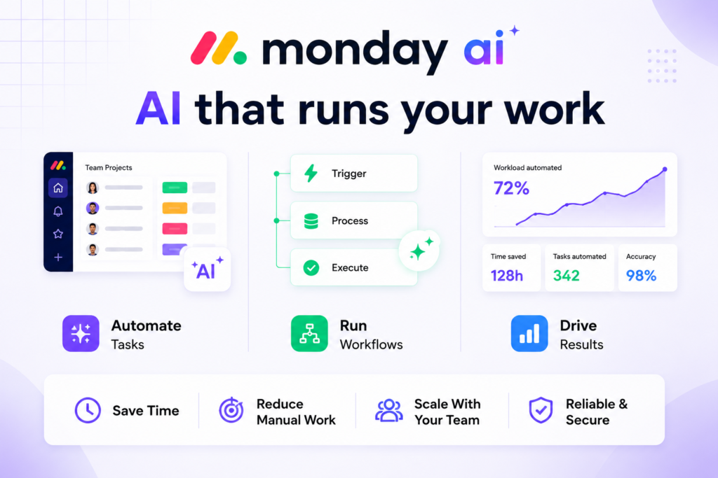 Modern Monday AI promotional banner featuring AI-powered article writing, smart research tools, SEO optimization analytics, and clean workflow visuals on a light professional background.