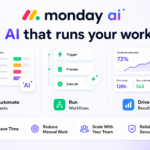 Modern Monday AI promotional banner featuring AI-powered article writing, smart research tools, SEO optimization analytics, and clean workflow visuals on a light professional background.