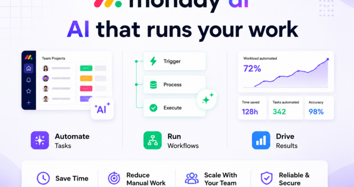 Modern Monday AI promotional banner featuring AI-powered article writing, smart research tools, SEO optimization analytics, and clean workflow visuals on a light professional background.
