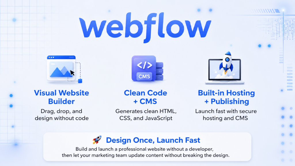 Modern promotional banner for Webflow featuring a clean light-tech background with blue gradients, the Webflow logo at the top, and three feature sections with icons highlighting visual website building, clean code with CMS, and fast hosting and publishing. The banner includes the slogan “Design. Build. Launch. Grow.” in a sleek futuristic style.