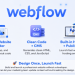 Modern promotional banner for Webflow featuring a clean light-tech background with blue gradients, the Webflow logo at the top, and three feature sections with icons highlighting visual website building, clean code with CMS, and fast hosting and publishing. The banner includes the slogan “Design. Build. Launch. Grow.” in a sleek futuristic style.