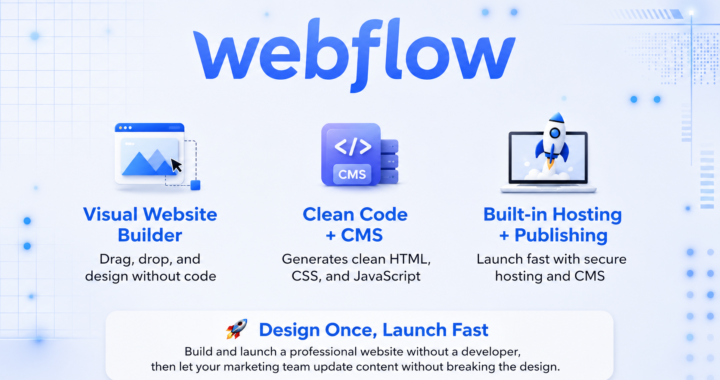 Modern promotional banner for Webflow featuring a clean light-tech background with blue gradients, the Webflow logo at the top, and three feature sections with icons highlighting visual website building, clean code with CMS, and fast hosting and publishing. The banner includes the slogan “Design. Build. Launch. Grow.” in a sleek futuristic style.