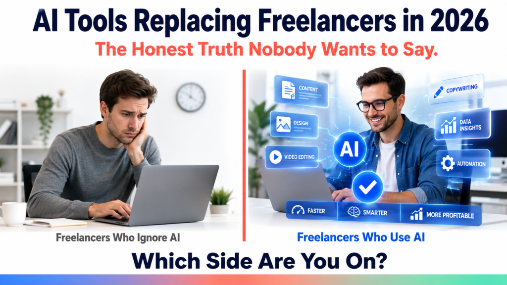 Professional split-screen illustration showing the future of freelancing in 2026. On the left, a freelancer sitting at a laptop looking uncertain, labeled “Freelancers Who Ignore AI.” On the right, a confident AI-powered workspace with a glowing digital interface, automation icons, and productivity symbols, labeled “Freelancers Who Use AI.” Bold headline at the top reads “AI Tools Replacing Freelancers in 2026,” with the subtitle “The Honest Truth Nobody Wants to Say.” A call-to-action at the bottom asks, “Which Side Are You On?” Clean white background with modern business and technology design.