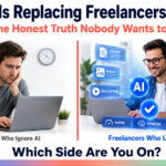 Professional split-screen illustration showing the future of freelancing in 2026. On the left, a freelancer sitting at a laptop looking uncertain, labeled “Freelancers Who Ignore AI.” On the right, a confident AI-powered workspace with a glowing digital interface, automation icons, and productivity symbols, labeled “Freelancers Who Use AI.” Bold headline at the top reads “AI Tools Replacing Freelancers in 2026,” with the subtitle “The Honest Truth Nobody Wants to Say.” A call-to-action at the bottom asks, “Which Side Are You On?” Clean white background with modern business and technology design.