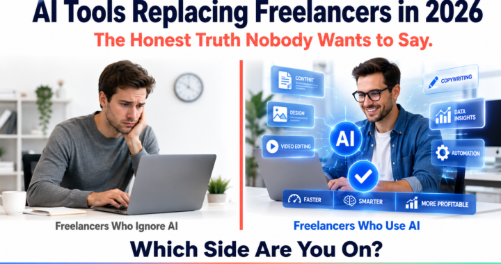 Professional split-screen illustration showing the future of freelancing in 2026. On the left, a freelancer sitting at a laptop looking uncertain, labeled “Freelancers Who Ignore AI.” On the right, a confident AI-powered workspace with a glowing digital interface, automation icons, and productivity symbols, labeled “Freelancers Who Use AI.” Bold headline at the top reads “AI Tools Replacing Freelancers in 2026,” with the subtitle “The Honest Truth Nobody Wants to Say.” A call-to-action at the bottom asks, “Which Side Are You On?” Clean white background with modern business and technology design.