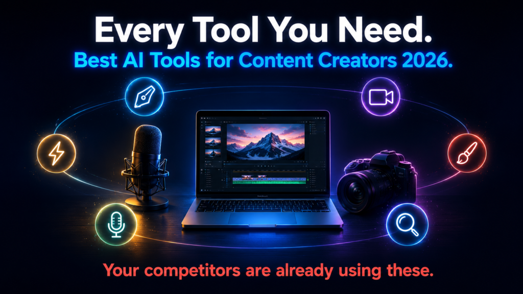 Premium dark-themed graphic with a glowing content creator workspace featuring a laptop, microphone, and camera arranged in a triangle. Bold white text at the top reads “Every Tool You Need,” with electric blue text below saying “Best AI Tools for Content Creators 2026.” Six glowing icons orbit around the workspace, representing writing, video creation, design, audio, research, and automation. Coral text at the bottom reads “Your competitors are already using these.” Cinematic lighting on a deep navy-to-black background.
