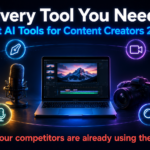 Premium dark-themed graphic with a glowing content creator workspace featuring a laptop, microphone, and camera arranged in a triangle. Bold white text at the top reads “Every Tool You Need,” with electric blue text below saying “Best AI Tools for Content Creators 2026.” Six glowing icons orbit around the workspace, representing writing, video creation, design, audio, research, and automation. Coral text at the bottom reads “Your competitors are already using these.” Cinematic lighting on a deep navy-to-black background.