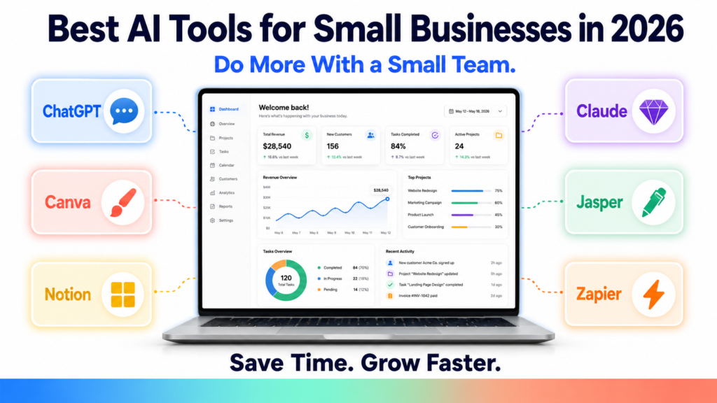 Modern 16:9 business poster with a bright white background featuring the headline “Best AI Tools for Small Businesses in 2026” and the subtitle “Do More With a Small Team.” A glowing laptop displaying a business dashboard sits at the center, connected by dotted workflow lines to six colorful floating tool cards: ChatGPT, Claude, Canva, Jasper, Notion, and Zapier, each with matching icons and soft shadows. At the bottom, the text “Save Time. Grow Faster.” appears above a blue, mint, and coral gradient footer strip. Clean, professional AI productivity and business automation design.