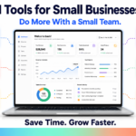 Modern 16:9 business poster with a bright white background featuring the headline “Best AI Tools for Small Businesses in 2026” and the subtitle “Do More With a Small Team.” A glowing laptop displaying a business dashboard sits at the center, connected by dotted workflow lines to six colorful floating tool cards: ChatGPT, Claude, Canva, Jasper, Notion, and Zapier, each with matching icons and soft shadows. At the bottom, the text “Save Time. Grow Faster.” appears above a blue, mint, and coral gradient footer strip. Clean, professional AI productivity and business automation design.