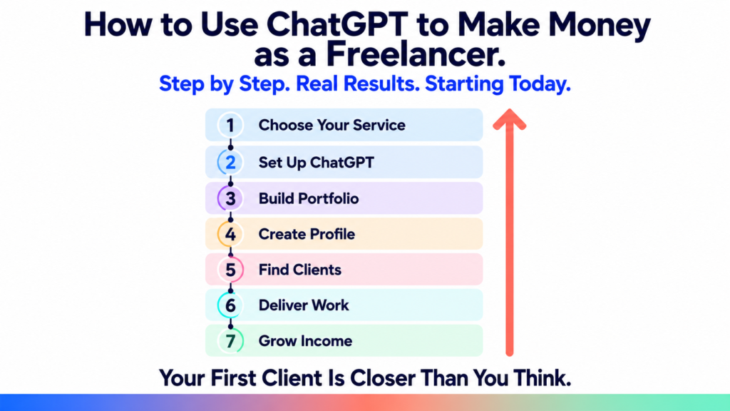 Clean infographic on a white background showing a 7-step timeline for making money as a freelancer with ChatGPT. The headline reads "How to Use ChatGPT to Make Money as a Freelancer" with the subtitle "Step by Step. Real Results. Starting Today." Seven pastel-colored cards list the steps: Choose Your Service, Set Up ChatGPT, Build Portfolio, Create Profile, Find Clients, Deliver Work, and Grow Income. A coral upward arrow runs alongside the timeline, symbolizing growth. Bottom text reads "Your First Client Is Closer Than You Think" above a blue, coral, and mint gradient footer strip.