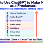 Clean infographic on a white background showing a 7-step timeline for making money as a freelancer with ChatGPT. The headline reads "How to Use ChatGPT to Make Money as a Freelancer" with the subtitle "Step by Step. Real Results. Starting Today." Seven pastel-colored cards list the steps: Choose Your Service, Set Up ChatGPT, Build Portfolio, Create Profile, Find Clients, Deliver Work, and Grow Income. A coral upward arrow runs alongside the timeline, symbolizing growth. Bottom text reads "Your First Client Is Closer Than You Think" above a blue, coral, and mint gradient footer strip.