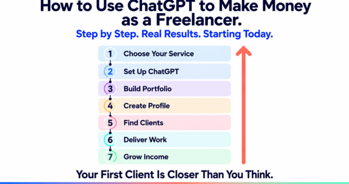 Clean infographic on a white background showing a 7-step timeline for making money as a freelancer with ChatGPT. The headline reads "How to Use ChatGPT to Make Money as a Freelancer" with the subtitle "Step by Step. Real Results. Starting Today." Seven pastel-colored cards list the steps: Choose Your Service, Set Up ChatGPT, Build Portfolio, Create Profile, Find Clients, Deliver Work, and Grow Income. A coral upward arrow runs alongside the timeline, symbolizing growth. Bottom text reads "Your First Client Is Closer Than You Think" above a blue, coral, and mint gradient footer strip.