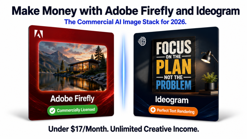 Professional comparison graphic showing Adobe Firefly and Ideogram as AI image generation tools for making money online in 2026. Adobe Firefly is highlighted for commercial licensing with a photorealistic image example, while Ideogram is highlighted for perfect text rendering with a typography poster example. The design features a clean white background, premium tech-style product cards, and the message "Under $17/Month. Unlimited Creative Income."