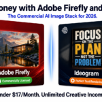 Professional comparison graphic showing Adobe Firefly and Ideogram as AI image generation tools for making money online in 2026. Adobe Firefly is highlighted for commercial licensing with a photorealistic image example, while Ideogram is highlighted for perfect text rendering with a typography poster example. The design features a clean white background, premium tech-style product cards, and the message "Under $17/Month. Unlimited Creative Income."