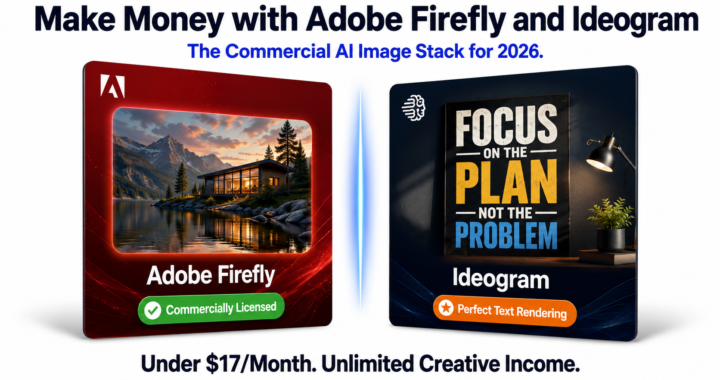 Professional comparison graphic showing Adobe Firefly and Ideogram as AI image generation tools for making money online in 2026. Adobe Firefly is highlighted for commercial licensing with a photorealistic image example, while Ideogram is highlighted for perfect text rendering with a typography poster example. The design features a clean white background, premium tech-style product cards, and the message "Under $17/Month. Unlimited Creative Income."