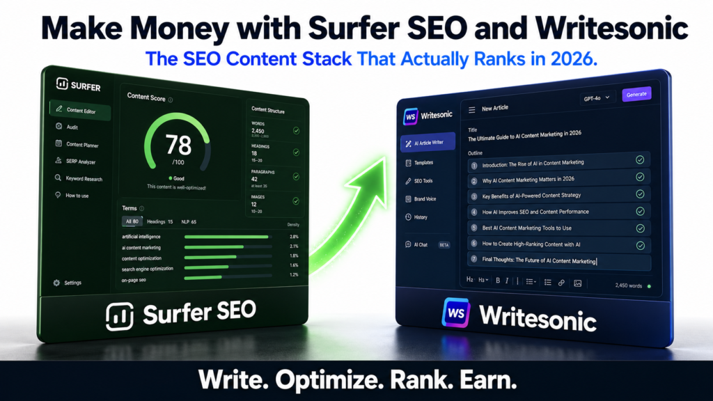 Professional SaaS-style comparison graphic featuring Surfer SEO and Writesonic on a clean white background. The Surfer SEO card displays a content optimization dashboard with a content score of 78, keyword density metrics, and SEO analysis tools on a dark green interface. The Writesonic card shows an AI writing dashboard with a structured article outline on a dark blue interface. A glowing green upward arrow between the platforms symbolizes higher search rankings and organic traffic growth. Bold headline reads “Make Money with Surfer SEO and Writesonic” with the subtitle “The SEO Content Stack That Actually Ranks in 2026,” and the tagline “Write. Optimize. Rank. Earn.” at the bottom.