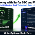 Professional SaaS-style comparison graphic featuring Surfer SEO and Writesonic on a clean white background. The Surfer SEO card displays a content optimization dashboard with a content score of 78, keyword density metrics, and SEO analysis tools on a dark green interface. The Writesonic card shows an AI writing dashboard with a structured article outline on a dark blue interface. A glowing green upward arrow between the platforms symbolizes higher search rankings and organic traffic growth. Bold headline reads “Make Money with Surfer SEO and Writesonic” with the subtitle “The SEO Content Stack That Actually Ranks in 2026,” and the tagline “Write. Optimize. Rank. Earn.” at the bottom.