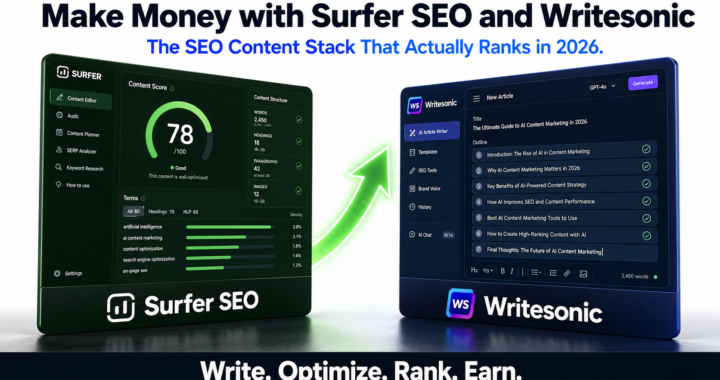 Professional SaaS-style comparison graphic featuring Surfer SEO and Writesonic on a clean white background. The Surfer SEO card displays a content optimization dashboard with a content score of 78, keyword density metrics, and SEO analysis tools on a dark green interface. The Writesonic card shows an AI writing dashboard with a structured article outline on a dark blue interface. A glowing green upward arrow between the platforms symbolizes higher search rankings and organic traffic growth. Bold headline reads “Make Money with Surfer SEO and Writesonic” with the subtitle “The SEO Content Stack That Actually Ranks in 2026,” and the tagline “Write. Optimize. Rank. Earn.” at the bottom.