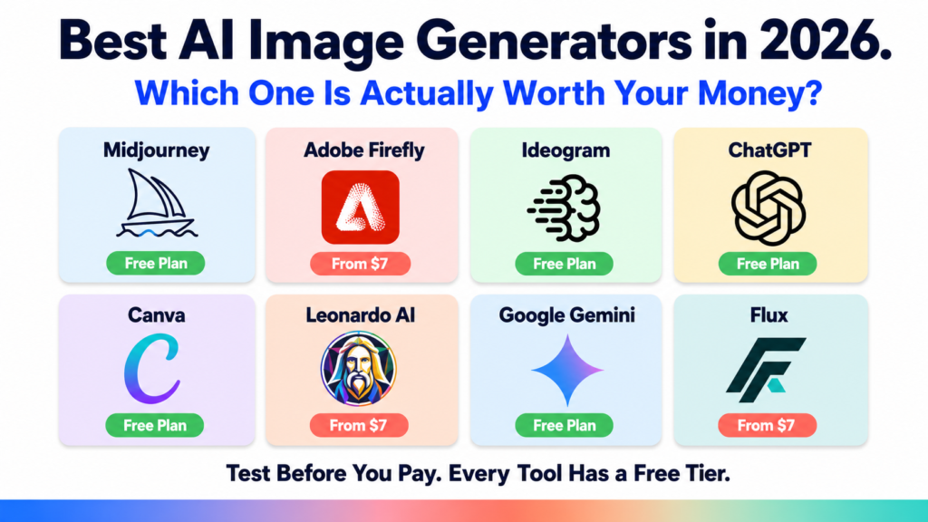 Best AI image generators in 2026 including Midjourney, Adobe Firefly, Ideogram, Canva, Leonardo AI, and Google Gemini compared side by side
